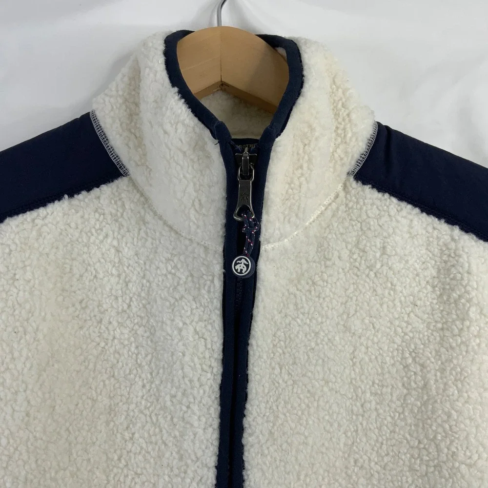 Brooks Brothers Mens Sherpa Fleece Vest Cream Navy Blue Full Zip Size Medium